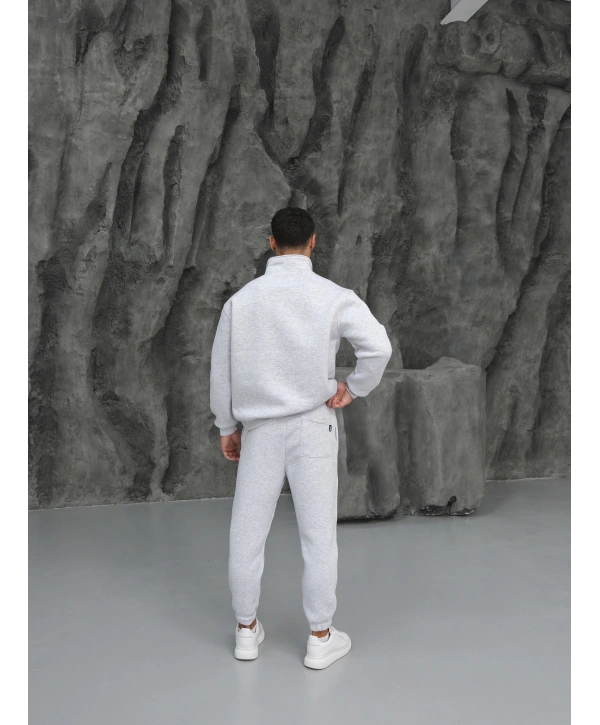 Erkek Gri Melanj Fermuar Yaka Jogger Eşofman Takımı