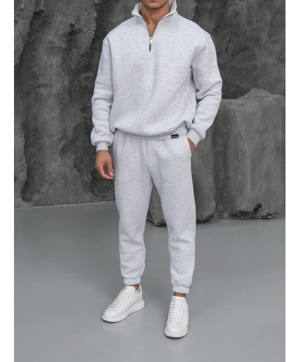 Erkek Gri Melanj Fermuar Yaka Jogger Eşofman Takımı