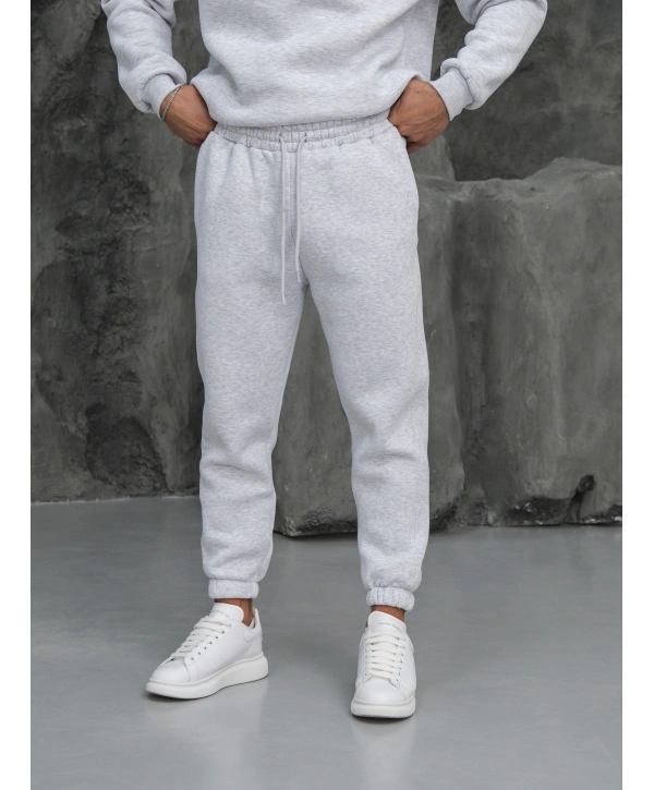 Erkek Gri Melanj Fermuar Yaka Jogger Eşofman Takımı