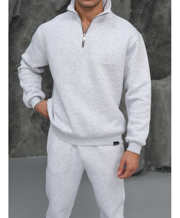 Erkek Gri Melanj Fermuar Yaka Jogger Eşofman Takımı