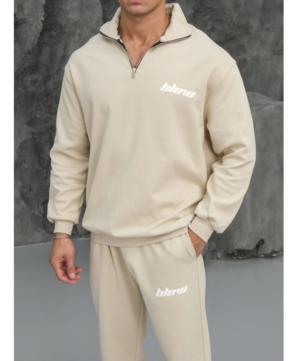 Erkek Bej Fermuar Yaka Eşofman Takımı