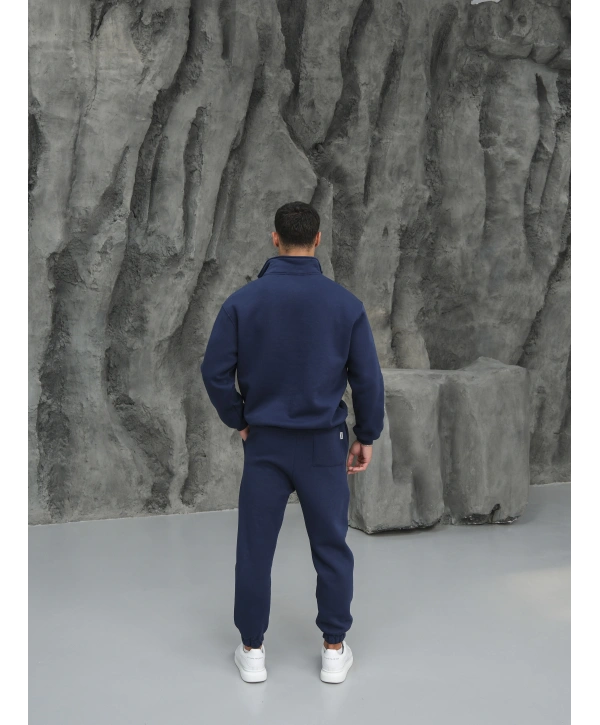 Erkek İndigo Fermuar Yaka Jogger Eşofman Takımı