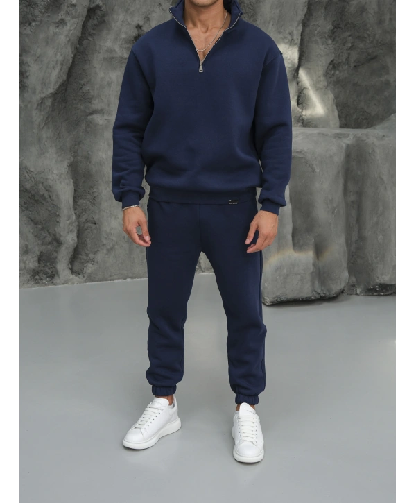 Erkek İndigo Fermuar Yaka Jogger Eşofman Takımı