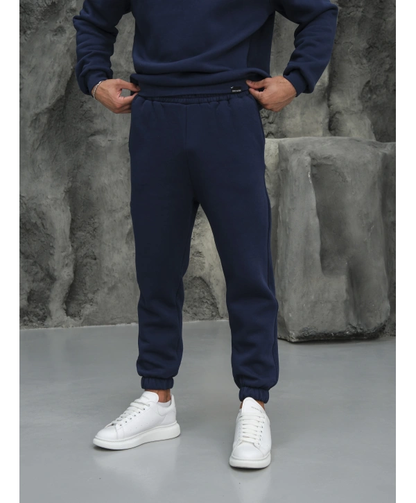 Erkek İndigo Fermuar Yaka Jogger Eşofman Takımı