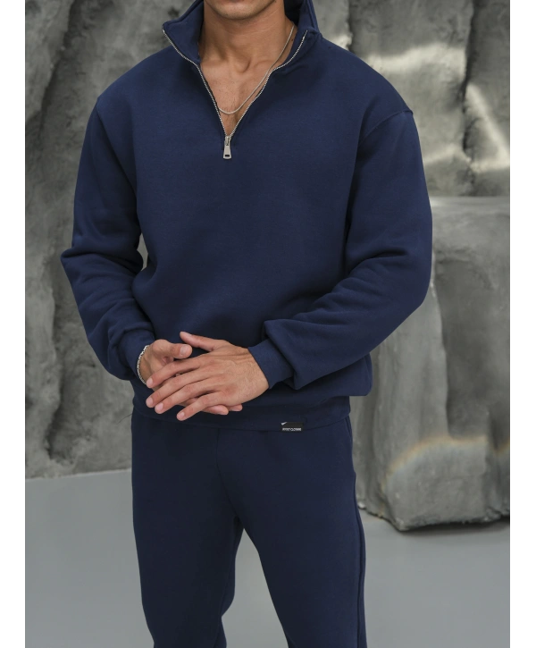 Erkek İndigo Fermuar Yaka Jogger Eşofman Takımı
