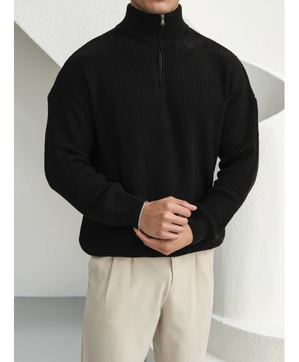 Erkek Siyah Fermuar Yaka Kazak