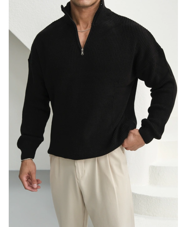 Erkek Siyah Fermuar Yaka Kazak