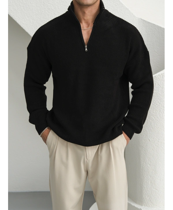 Erkek Siyah Fermuar Yaka Kazak