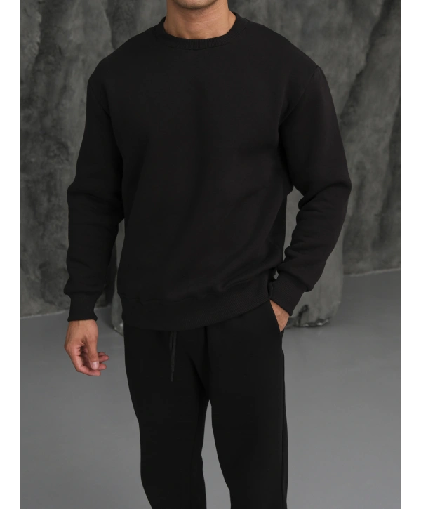 Erkek Siyah Oversize Kollar Dar Kesim Basic Sweatshirt