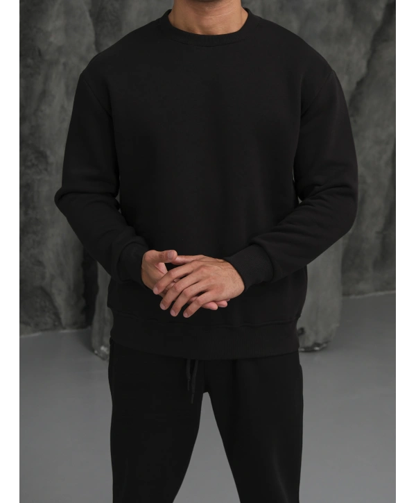 Erkek Siyah Oversize Kollar Dar Kesim Basic Sweatshirt