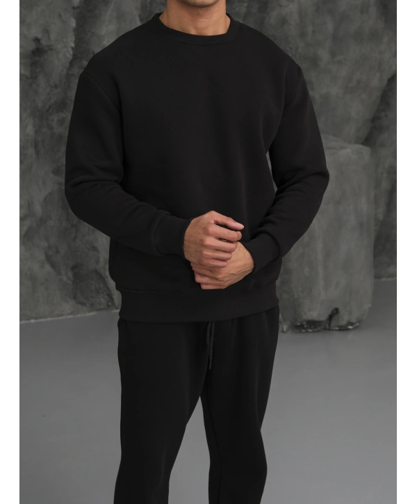 Erkek Siyah Oversize Kollar Dar Kesim Basic Sweatshirt