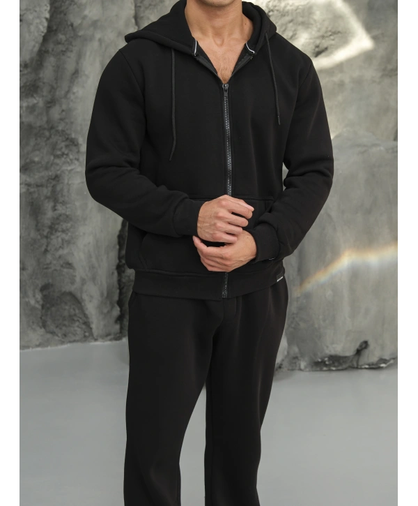 Erkek Siyah Kapüşonlu Fermuarlı Eşofman Takımı