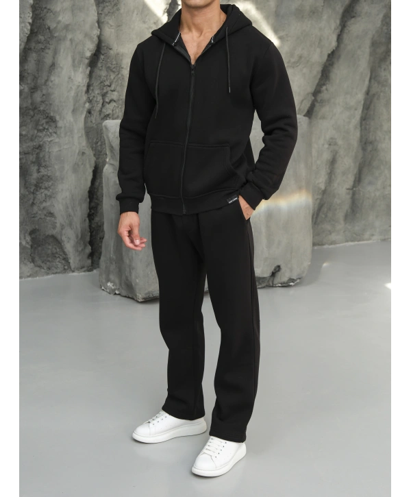 Erkek Siyah Kapüşonlu Fermuarlı Eşofman Takımı