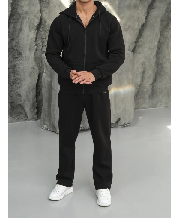 Erkek Siyah Kapüşonlu Fermuarlı Eşofman Takımı