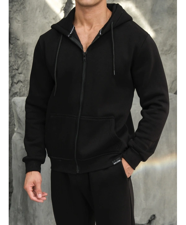 Erkek Siyah Kapüşonlu Fermuarlı Sweatshirt