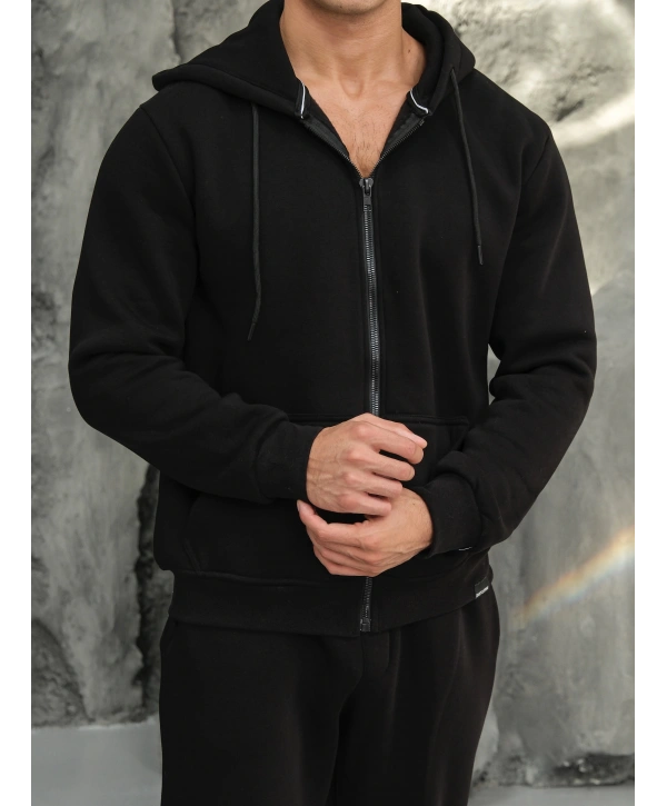 Erkek Siyah Kapüşonlu Fermuarlı Sweatshirt
