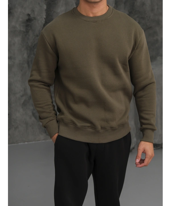 Erkek Haki Oversize Kollar Dar Kesim Basic Sweatshirt