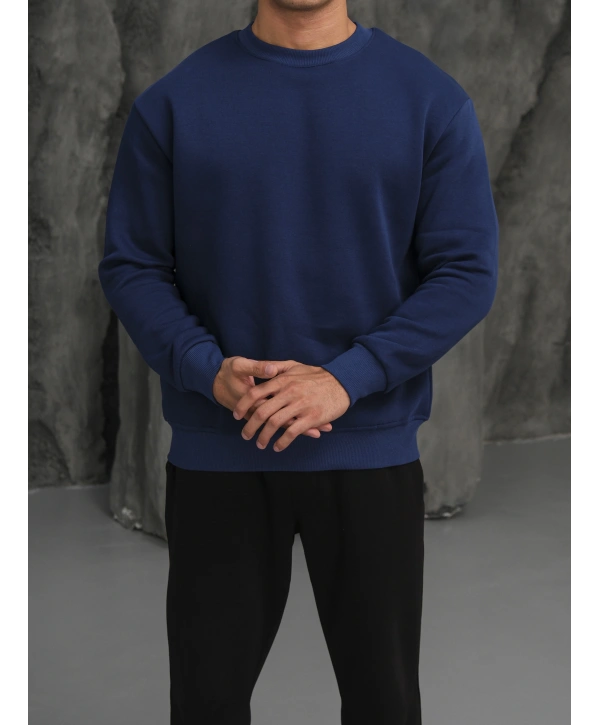 Erkek İndigo Oversize Kollar Dar Kesim Basic Sweatshirt