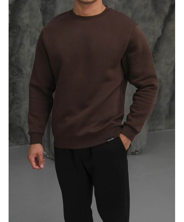 Erkek Kahverengi Oversize Kollar Dar Kesim Basic Sweatshirt