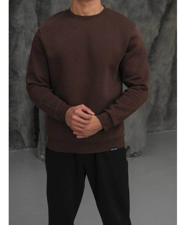 Erkek Kahverengi Oversize Kollar Dar Kesim Basic Sweatshirt
