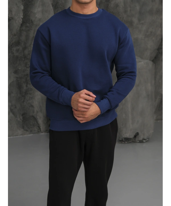 Erkek İndigo Oversize Kollar Dar Kesim Basic Sweatshirt