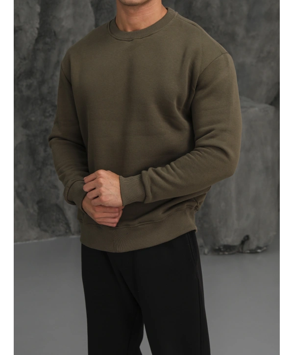 Erkek Haki Oversize Kollar Dar Kesim Basic Sweatshirt