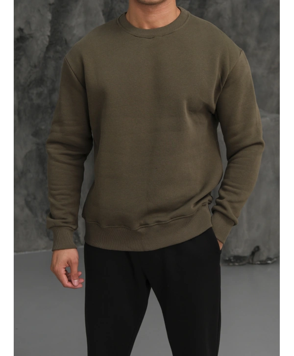 Erkek Haki Oversize Kollar Dar Kesim Basic Sweatshirt
