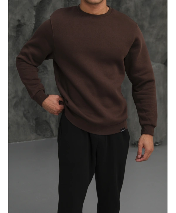 Erkek Kahverengi Oversize Kollar Dar Kesim Basic Sweatshirt