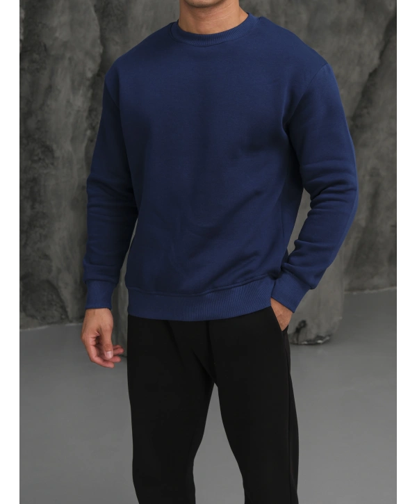 Erkek İndigo Oversize Kollar Dar Kesim Basic Sweatshirt
