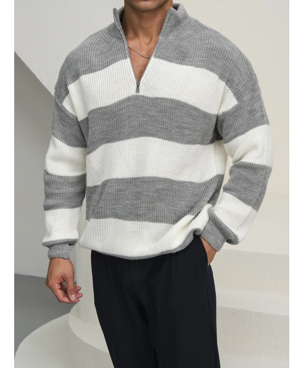 Erkek Gri Triko Fermuar Yaka Çizgili Kazak