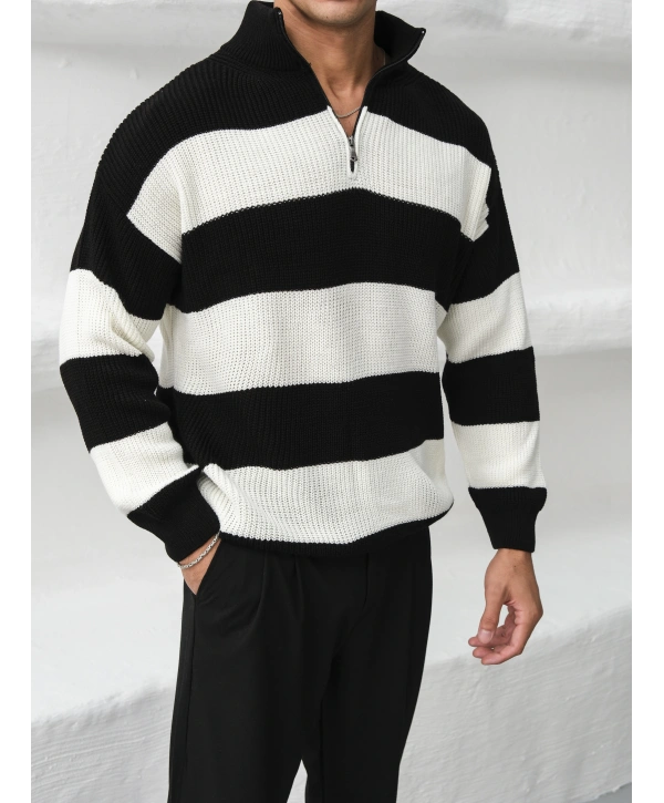 Erkek Siyah Triko Fermuar Yaka Çizgili Kazak