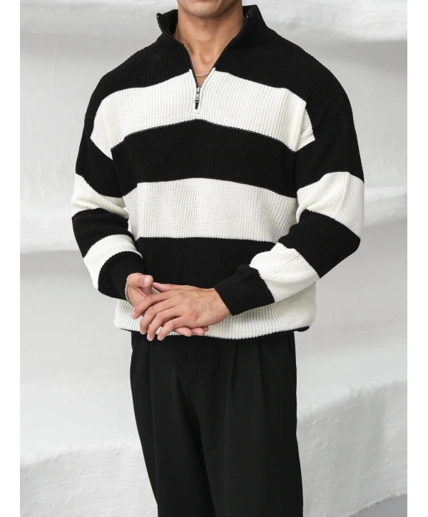 Erkek Siyah Triko Fermuar Yaka Çizgili Kazak