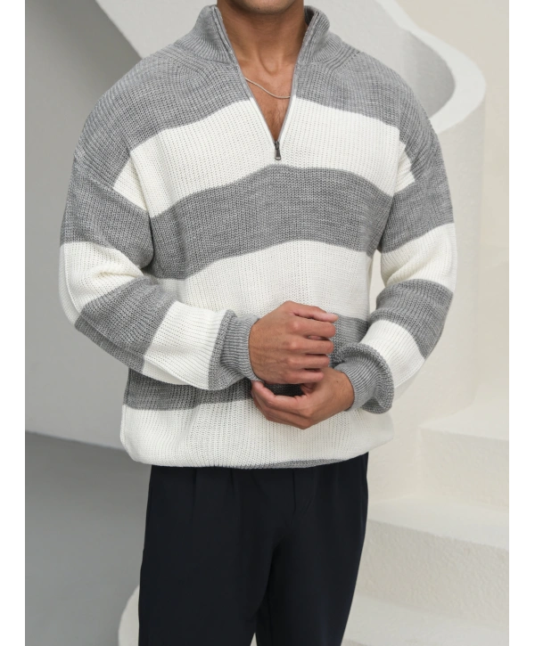 Erkek Gri Triko Fermuar Yaka Çizgili Kazak