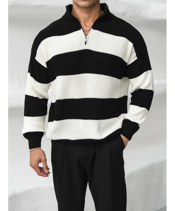 Erkek Siyah Triko Fermuar Yaka Çizgili Kazak