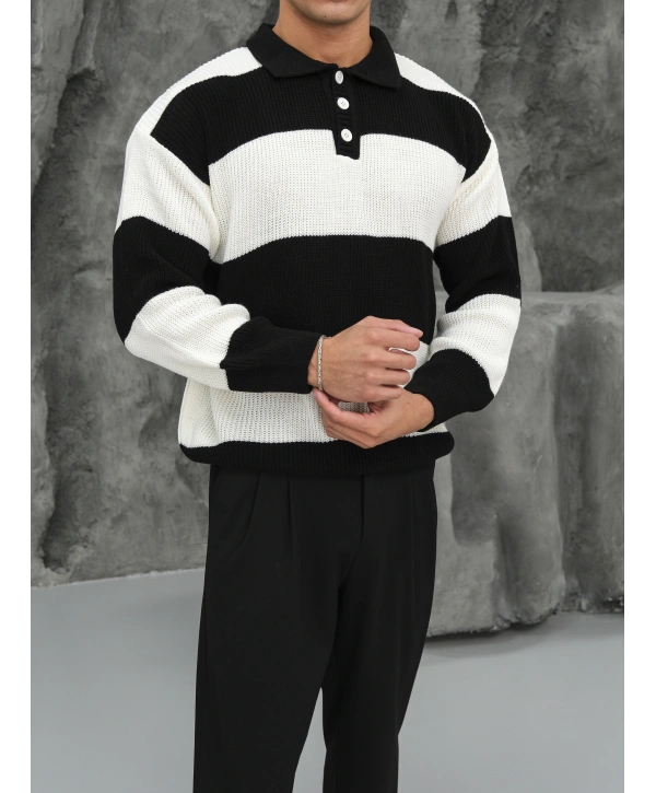 Erkek Siyah Triko Polo Yaka Çizgili Kazak