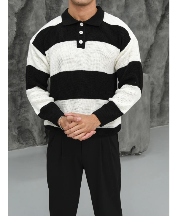 Erkek Siyah Triko Polo Yaka Çizgili Kazak