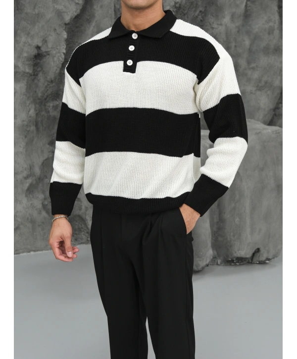 Erkek Siyah Triko Polo Yaka Çizgili Kazak