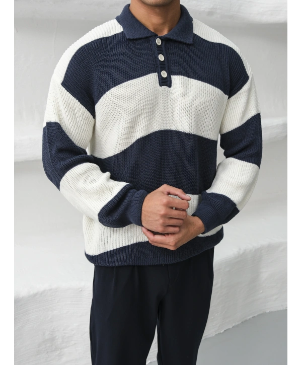 Erkek İndigo Triko Polo Yaka Çizgili Kazak