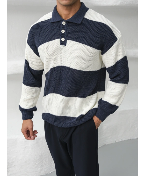 Erkek İndigo Triko Polo Yaka Çizgili Kazak