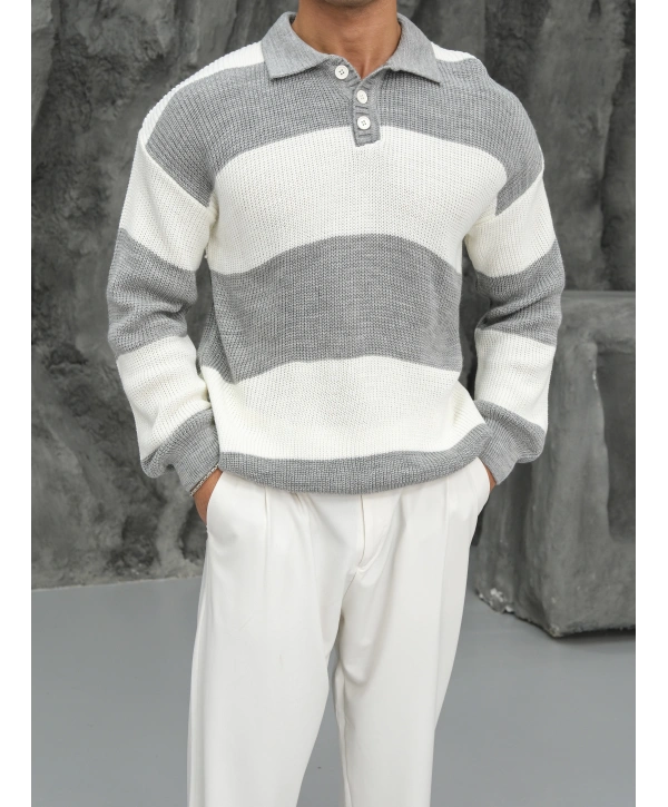 Erkek Gri Triko Polo Yaka Çizgili Kazak