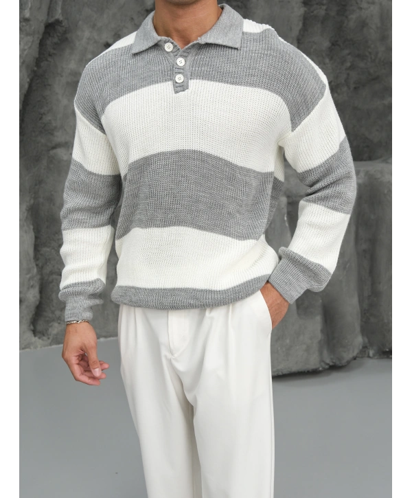 Erkek Gri Triko Polo Yaka Çizgili Kazak