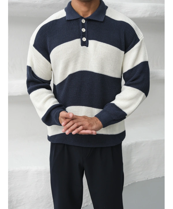 Erkek İndigo Triko Polo Yaka Çizgili Kazak