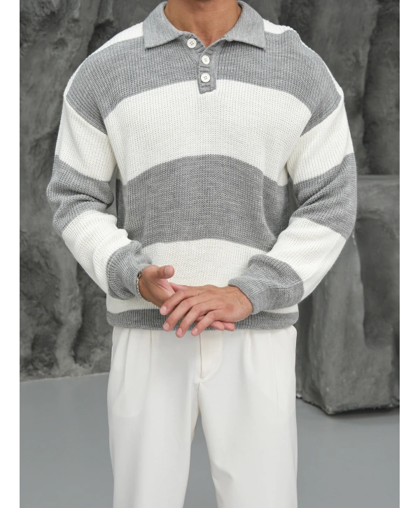 Erkek Gri Triko Polo Yaka Çizgili Kazak