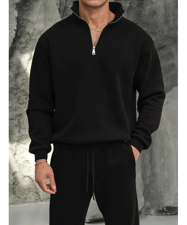 Erkek Siyah Fermuar Yaka Sweatshirt