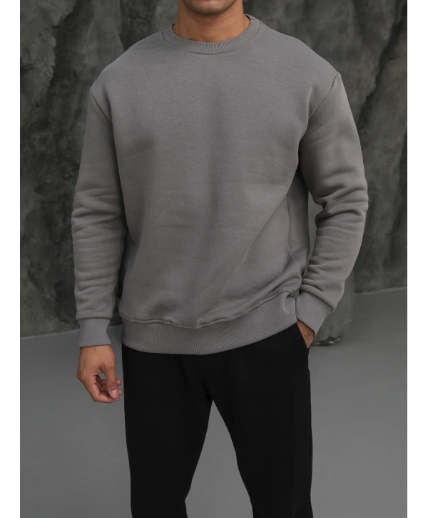 Erkek Gri Oversize Kollar Dar Kesim Basic Sweatshirt