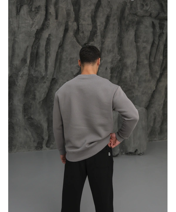 Erkek Gri Oversize Kollar Dar Kesim Basic Sweatshirt