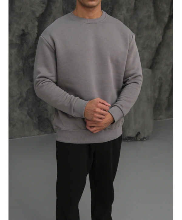 Erkek Gri Oversize Kollar Dar Kesim Basic Sweatshirt