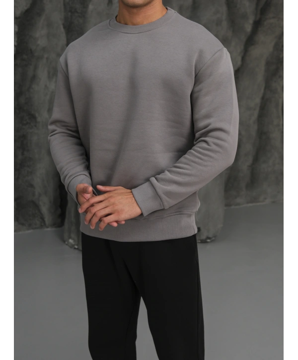 Erkek Gri Oversize Kollar Dar Kesim Basic Sweatshirt