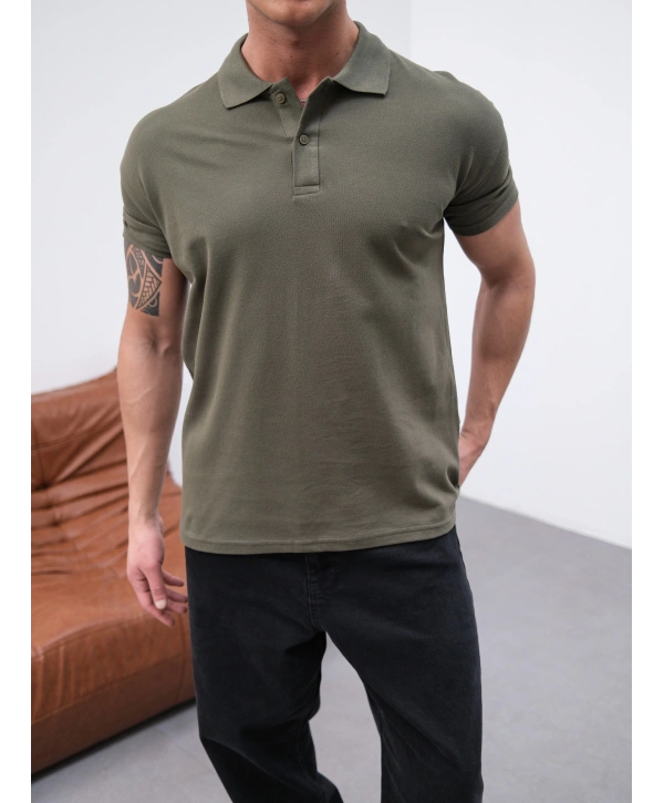 HAKİ POLO YAKA OVERSİZE KOLLAR DAR KESİM T-SHİRT