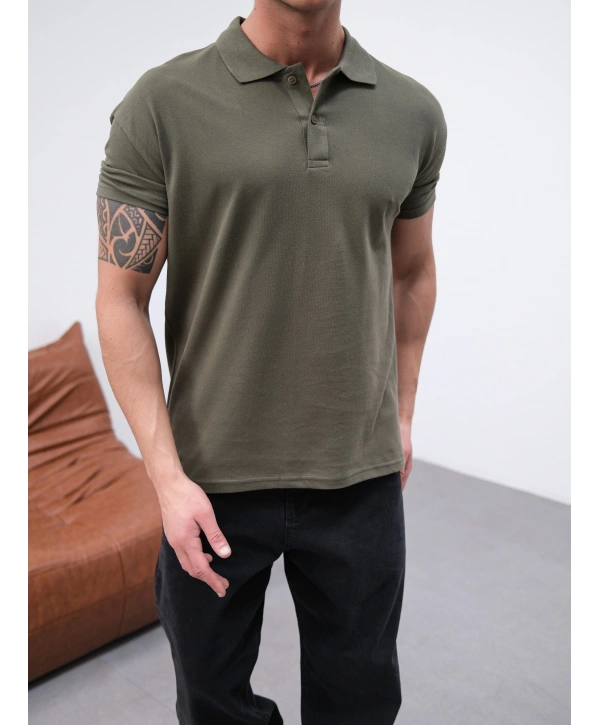 HAKİ POLO YAKA OVERSİZE KOLLAR DAR KESİM T-SHİRT